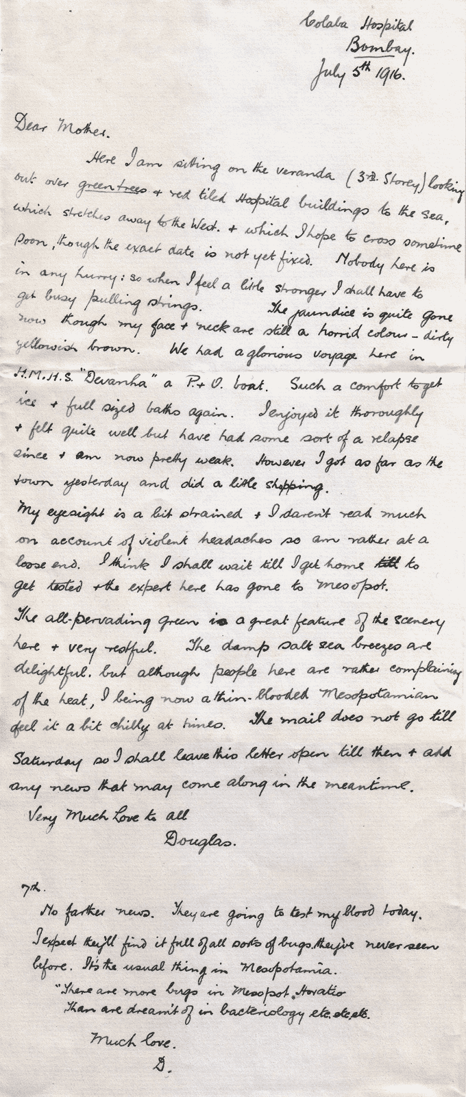 Letter from John Douglas Hume to his mother whilst recovering from Jaundice in hospital in India. National Records of Scotland reference: GD486/111